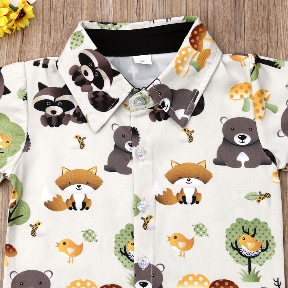 Woodland Animals Fox Bear Button Shirt Boys Outfit - Picture 2 of 4